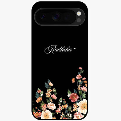 Floral Design With a Custom Personalized Name Glass Case showing flat back view with floral artwork and personalized name design.