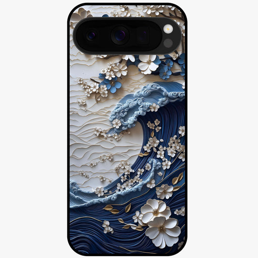 Floral Wave Origami Glass Case showing flat back view with origami inspired floral wave artwork and glossy glass finish.