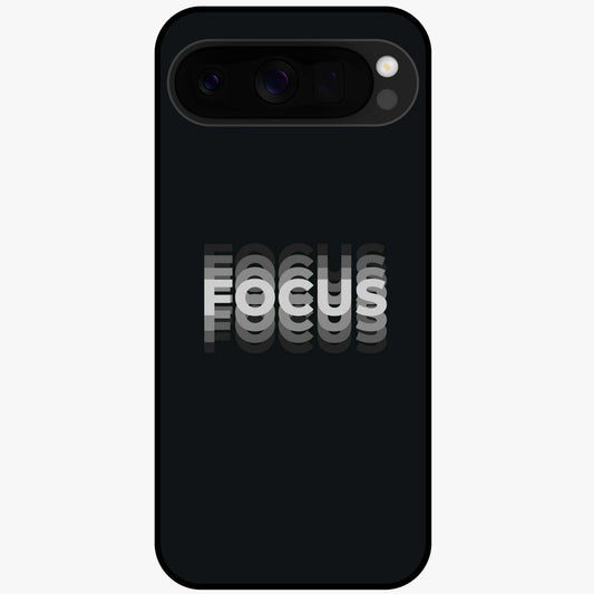 Focus Mode On Glass Case showing flat back view with bold motivational typography design and glossy glass finish.