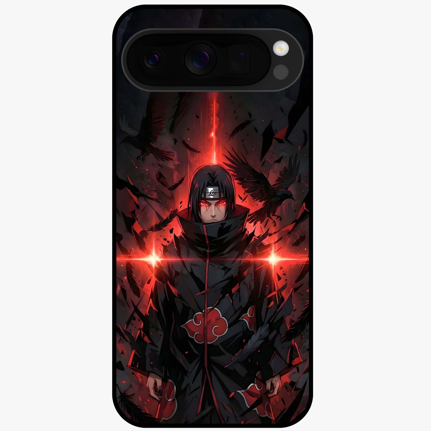 Focused Blade Discipline Glass Case showing flat back view with warrior sword themed artwork and glossy glass finish.
