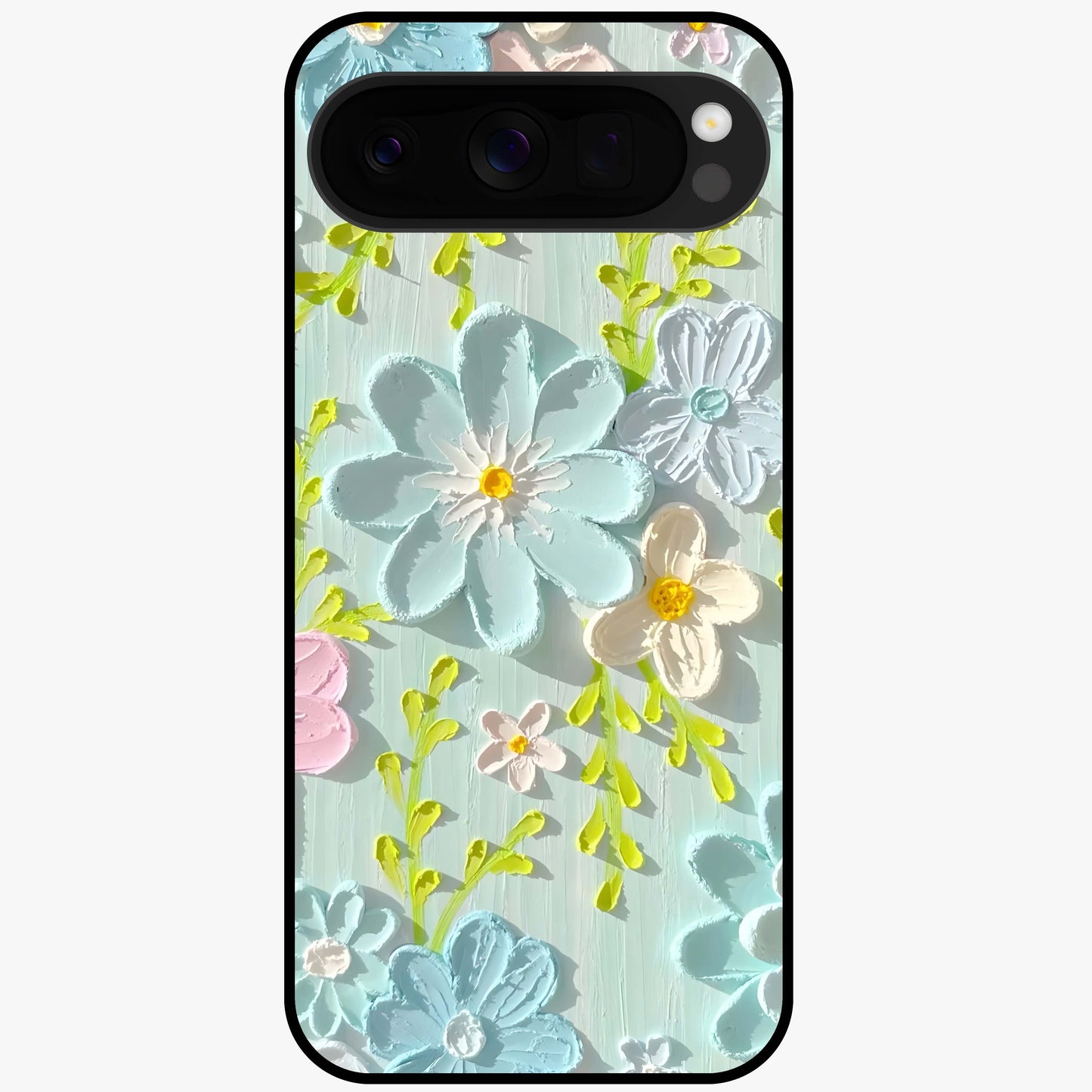 Frosted Petal Garden Glass Case showing flat back view with soft frosted floral artwork and glossy glass finish.