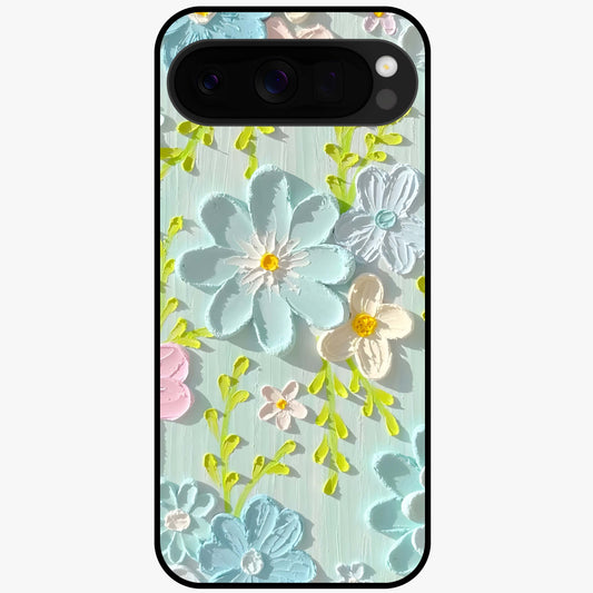Frosted Petal Garden Glass Case showing flat back view with soft frosted floral artwork and glossy glass finish.