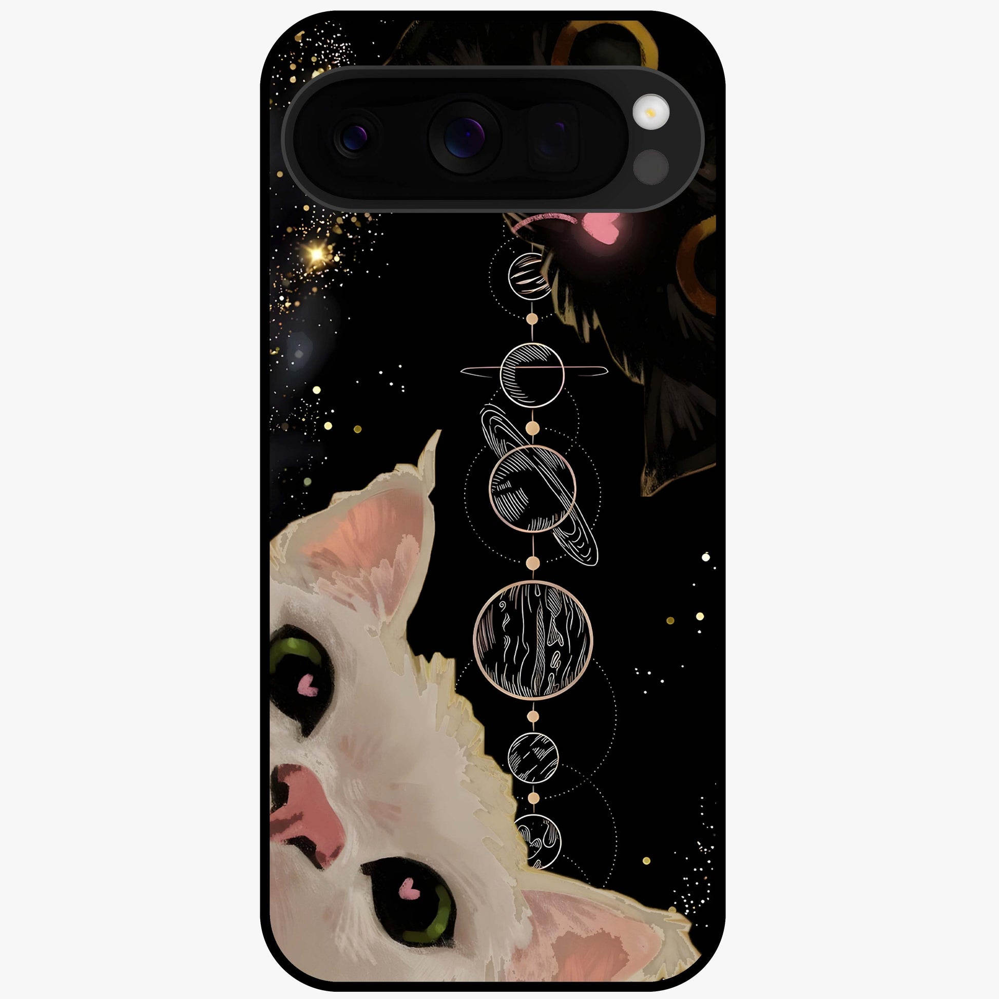 Galactic Cat Glass Case showing flat back view with cosmic cat artwork and glossy glass finish.
