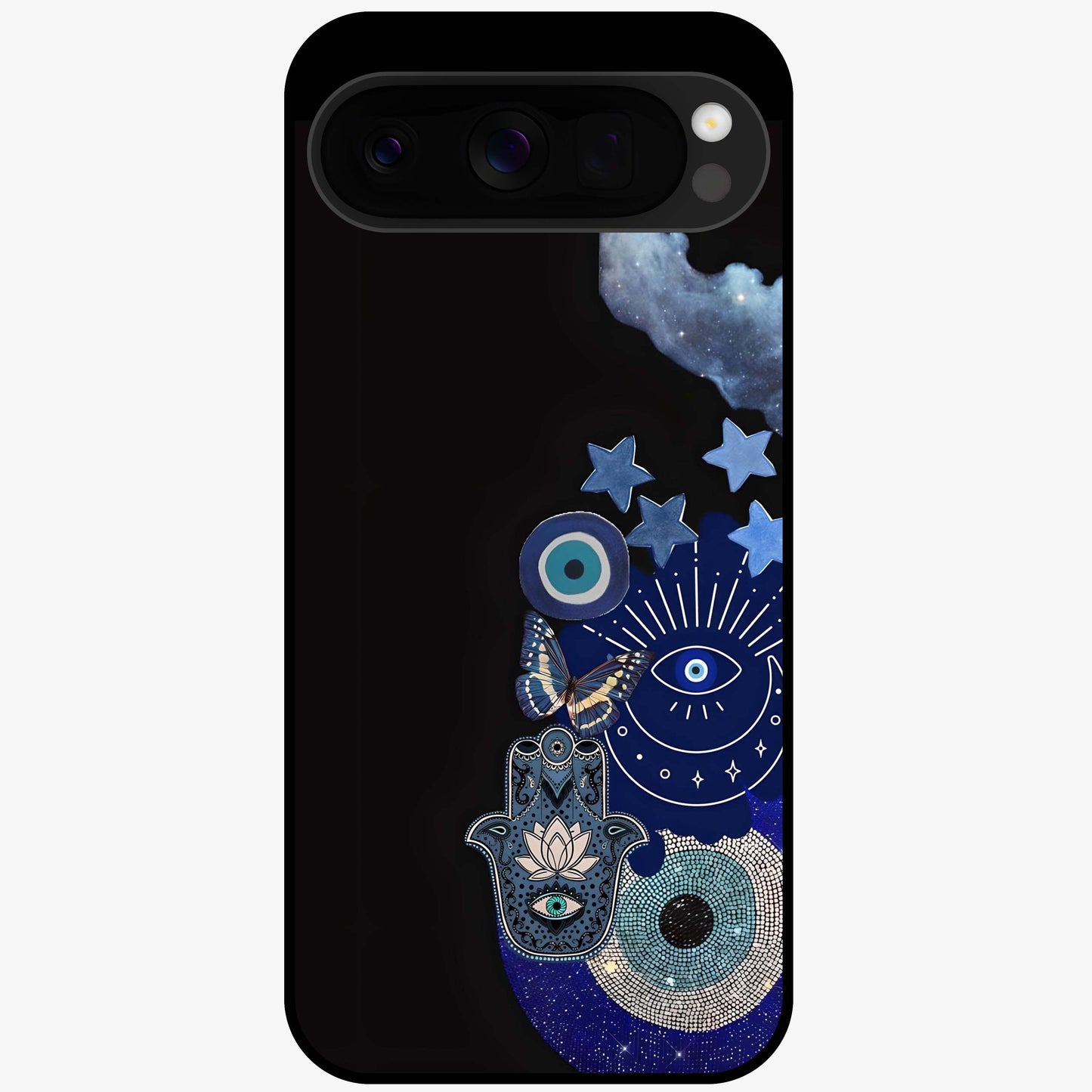 Galactic Charm Cluster Glass Case showing flat back view with glowing celestial charm artwork and glossy glass finish.