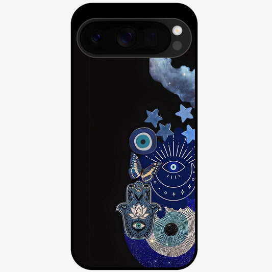 Galactic Charm Cluster Glass Case showing flat back view with glowing celestial charm artwork and glossy glass finish.