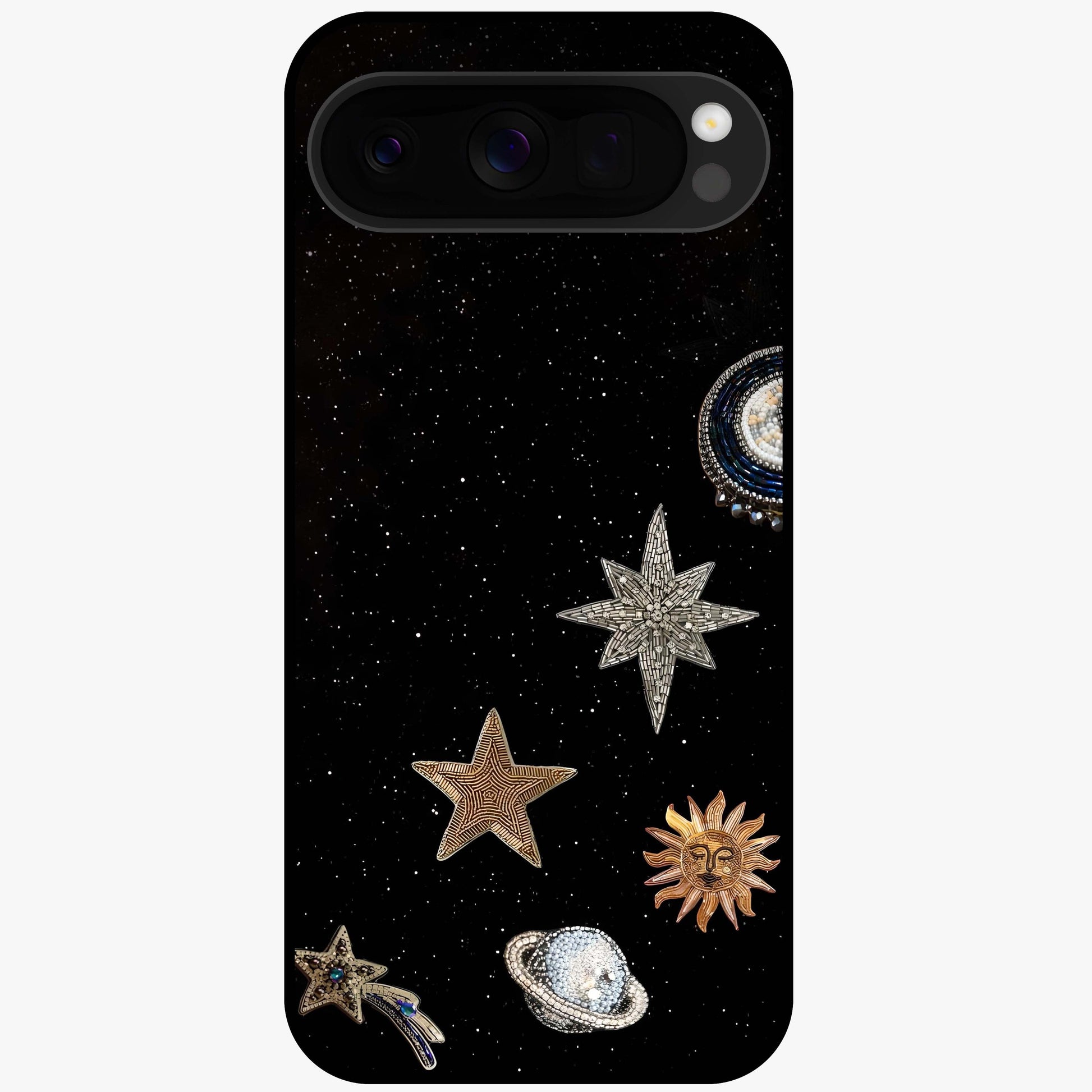 Galactic Charm Glow Glass Case showing flat back view with glowing celestial charm artwork and glossy glass finish.