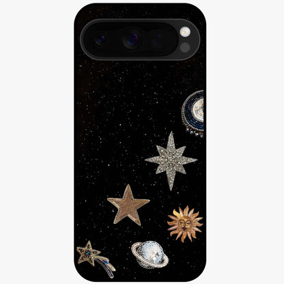 Galactic Charm Glow Glass Case showing flat back view with glowing celestial charm artwork and glossy glass finish.