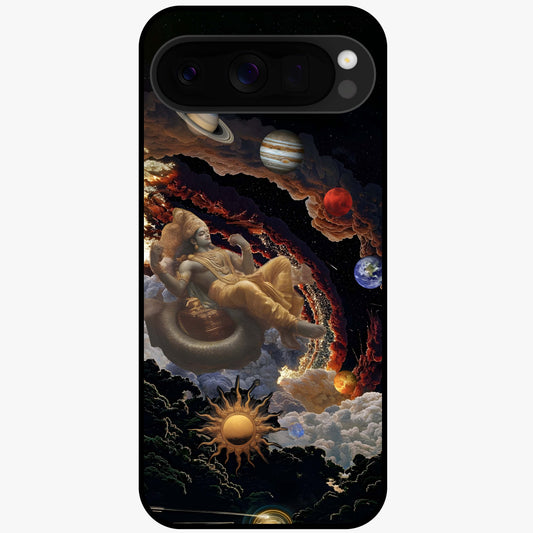 Galactic Divine God Glass Case showing flat back view with divine cosmic themed artwork and glossy glass finish.