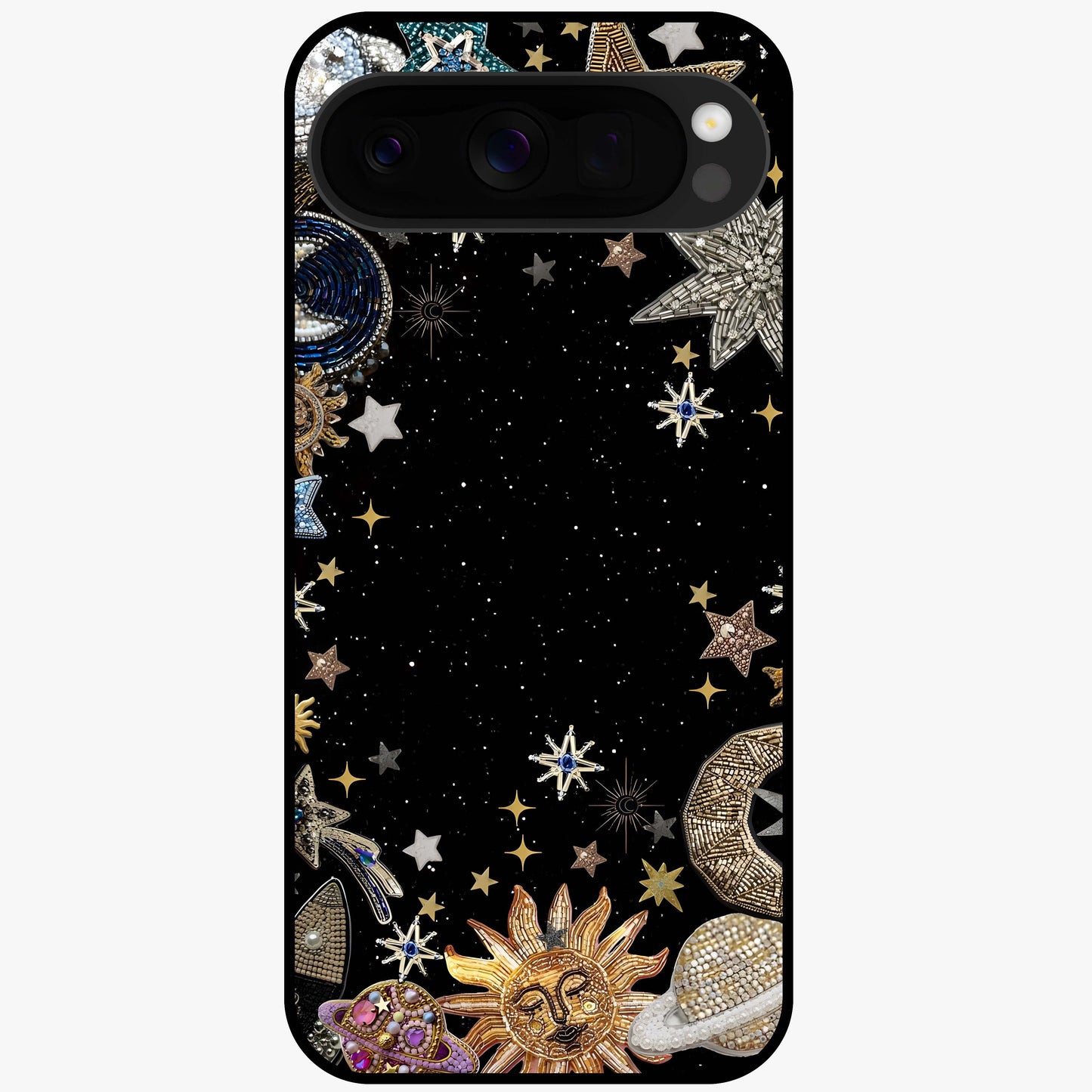 Galactic Jewel Stars Glass Case showing flat back view with sparkling star jewel artwork and glossy glass finish.