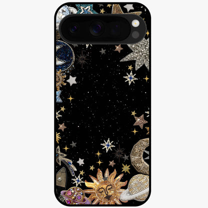 Galactic Jewel Stars Glass Case showing flat back view with sparkling star jewel artwork and glossy glass finish.