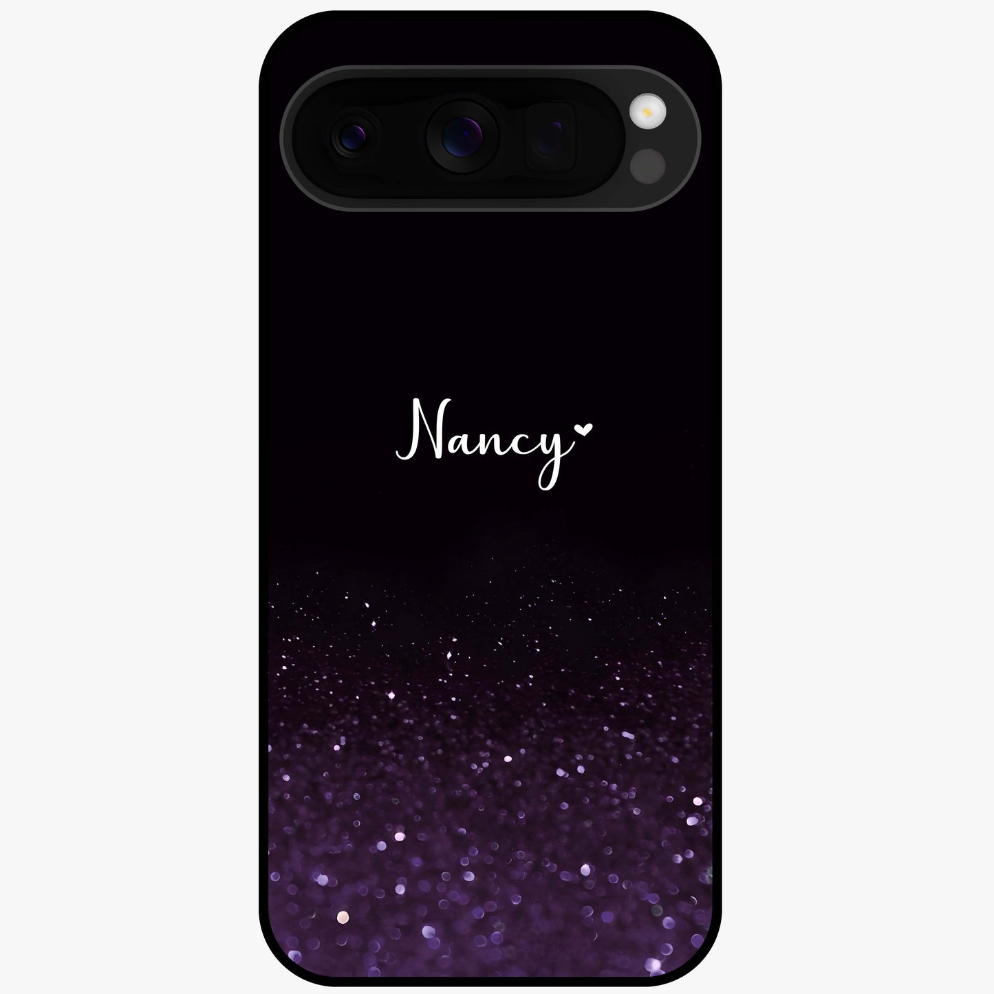 Glittery Purple Bokeh Custom Name Glass Case showing flat back view with purple bokeh sparkle artwork and personalized name design.