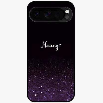 Glittery Purple Bokeh Custom Name Glass Case showing flat back view with purple bokeh sparkle artwork and personalized name design.