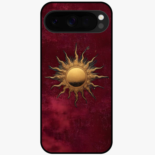 Gold Sun Blush Glass Case showing flat back view with golden sun inspired artwork and glossy glass finish.