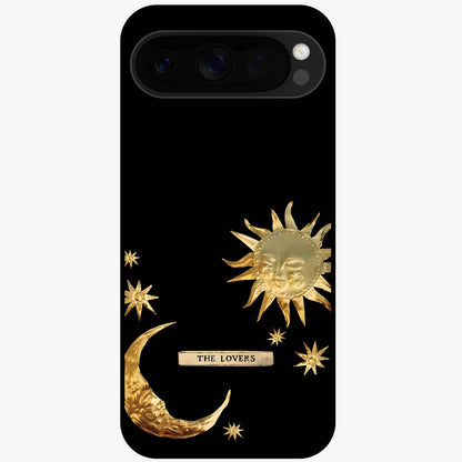 Golden Celestial Charm Glass Case showing flat back view with golden celestial charm artwork and glossy glass finish.