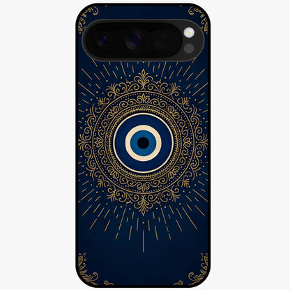 Golden Evil Eye Mandala Glass Case showing flat back view with intricate evil eye mandala artwork and glossy glass finish.