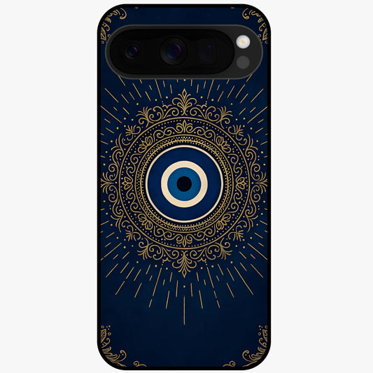 Golden Evil Eye Mandala Glass Case showing flat back view with intricate evil eye mandala artwork and glossy glass finish.