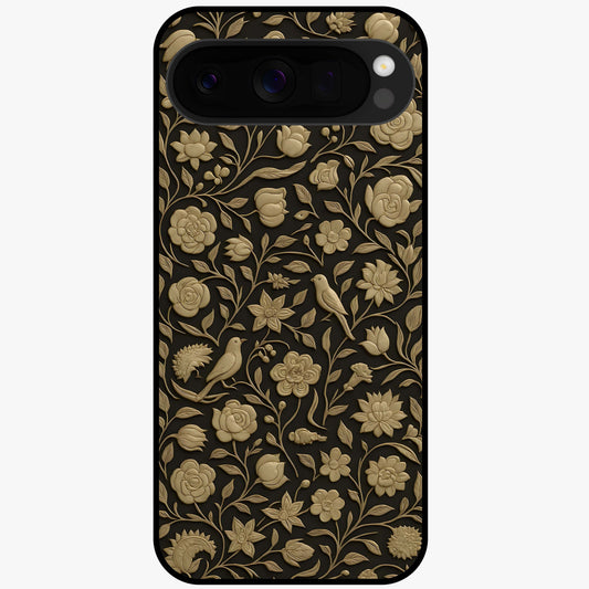 Golden Floral Majesty Glass Case showing flat back view with luxurious golden floral artwork and glossy glass finish.
