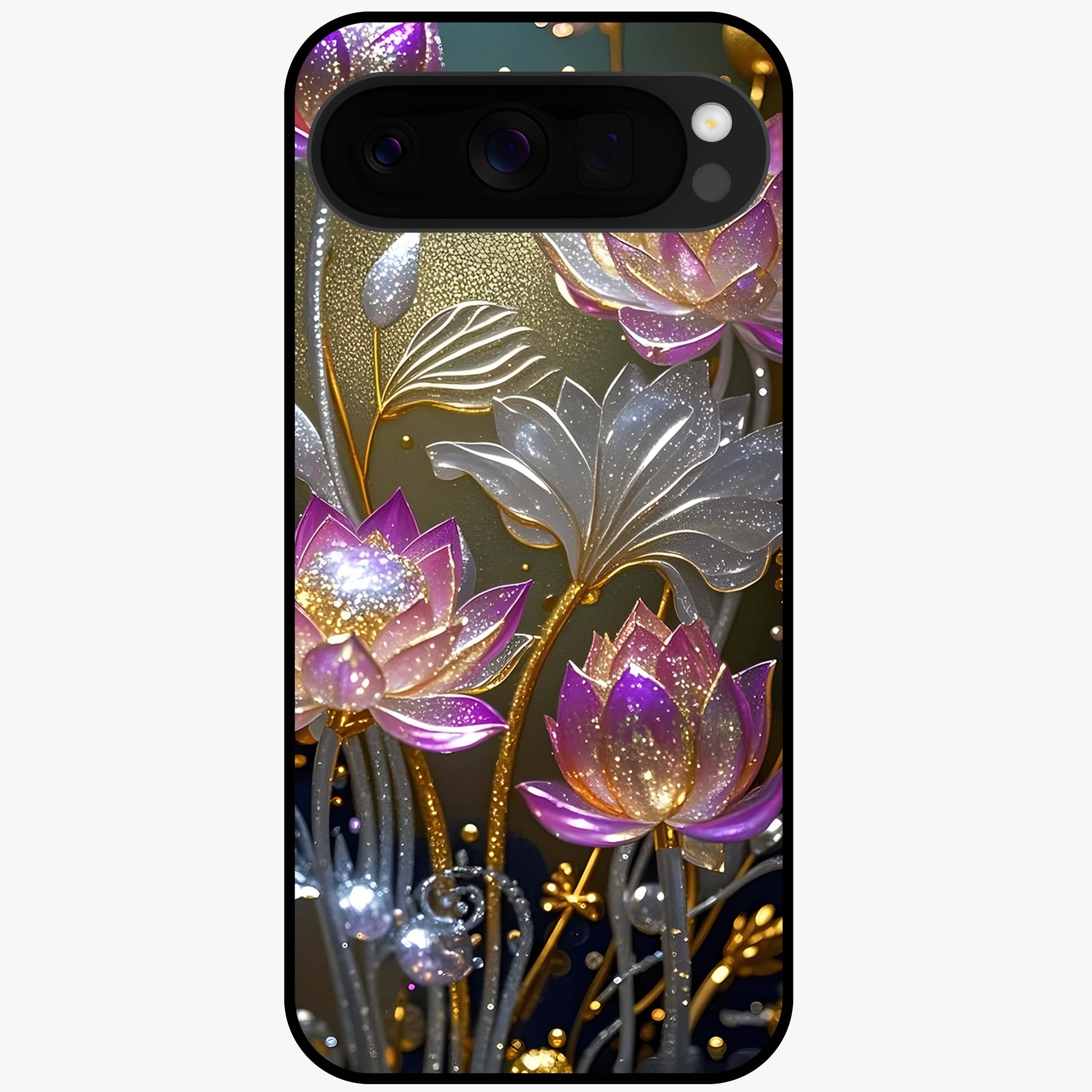 Golden Lotus Glow Glass Case showing flat back view with glowing lotus flower artwork and glossy glass finish.