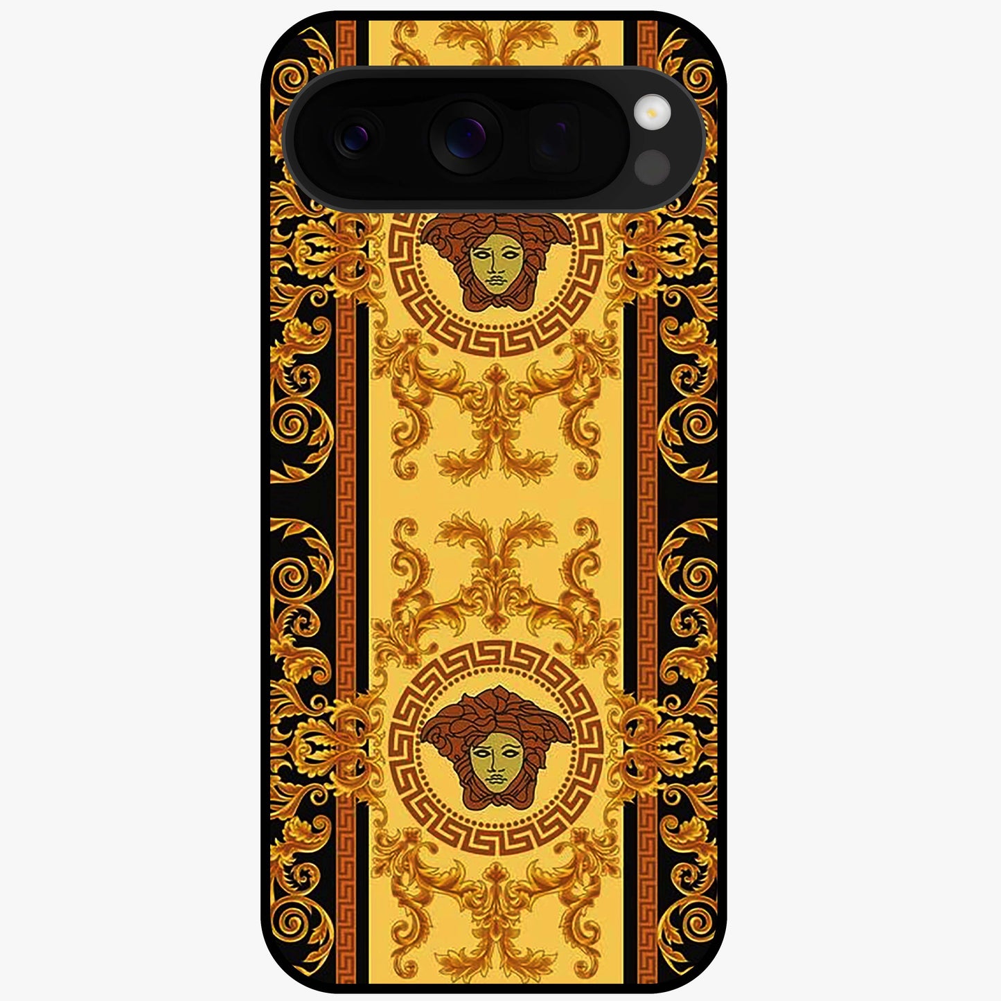 Golden Royal Heritage Glass Case showing flat back view with ornate royal pattern artwork and glossy glass finish.