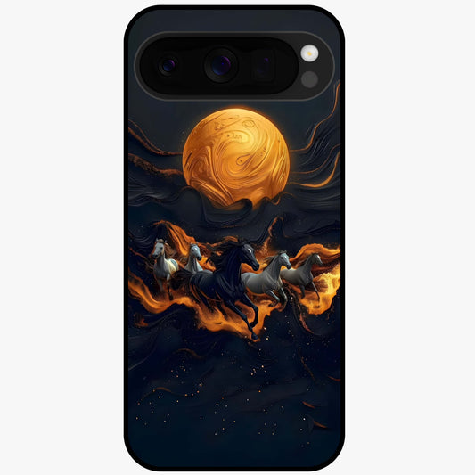 Golden Stallion Moonride Glass Case showing flat back view with majestic horse under moonlight artwork and glossy glass finish.