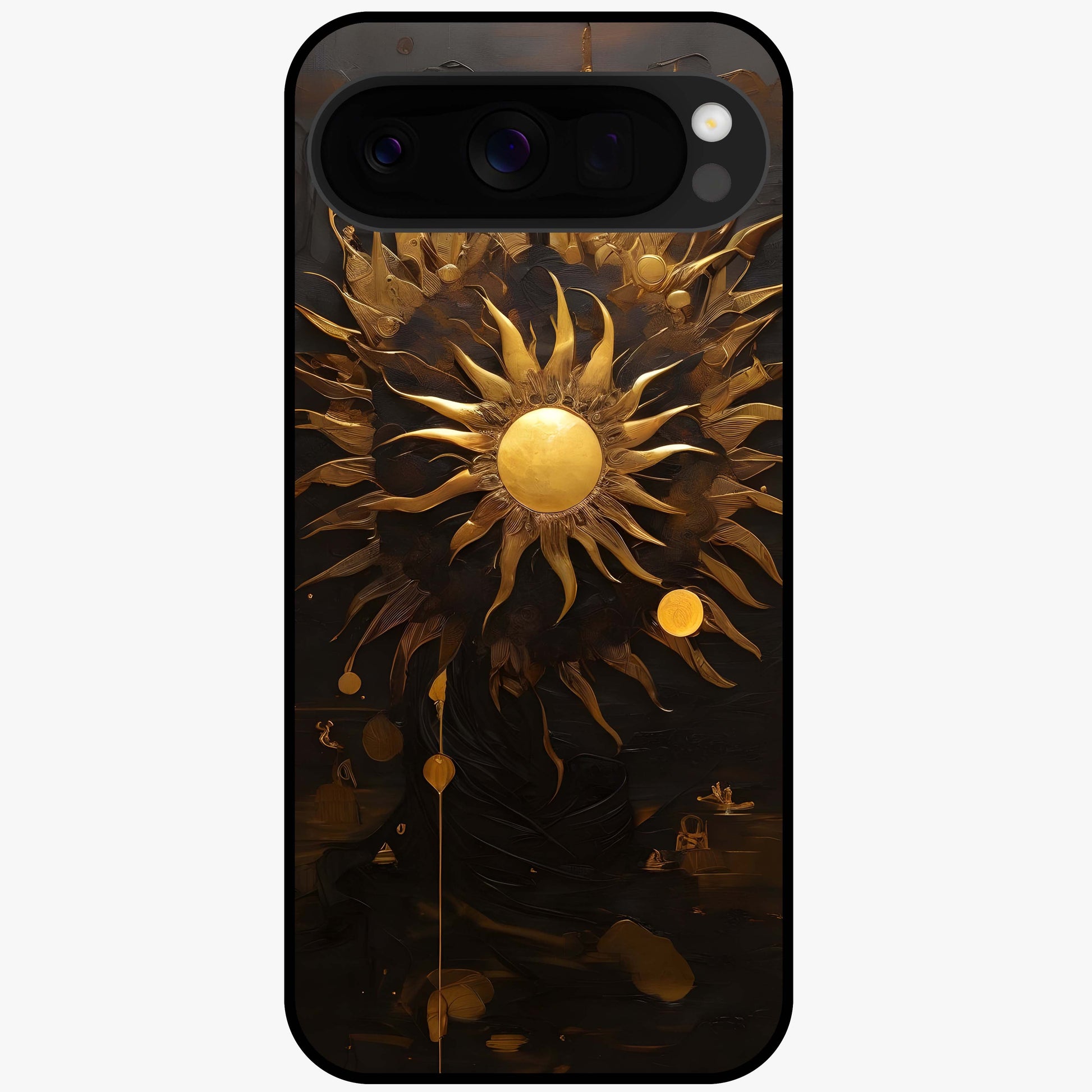 Golden Sun Majesty Glass Case showing flat back view with radiant golden sun artwork and glossy glass finish.