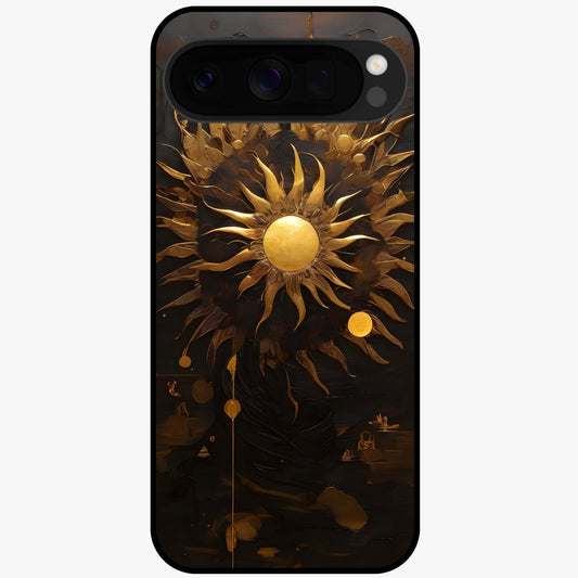 Golden Sun Majesty Glass Case showing flat back view with radiant golden sun artwork and glossy glass finish.