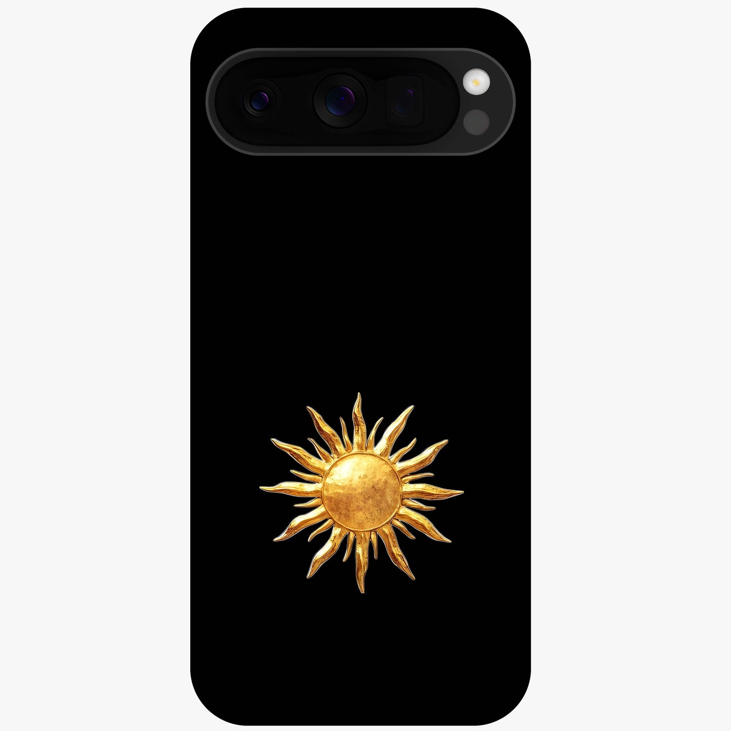 Golden Sun Minimalism Glass Case showing flat back view with minimal golden sun artwork and glossy glass finish.