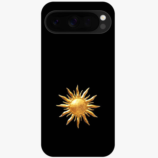 Golden Sun Minimalism Glass Case showing flat back view with minimal golden sun artwork and glossy glass finish.