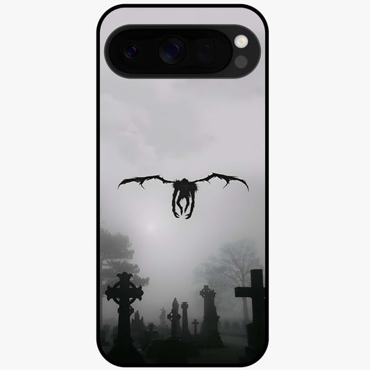 Graveyard Shadow Descent Glass Case showing flat back view with dark graveyard themed artwork and glossy glass finish.