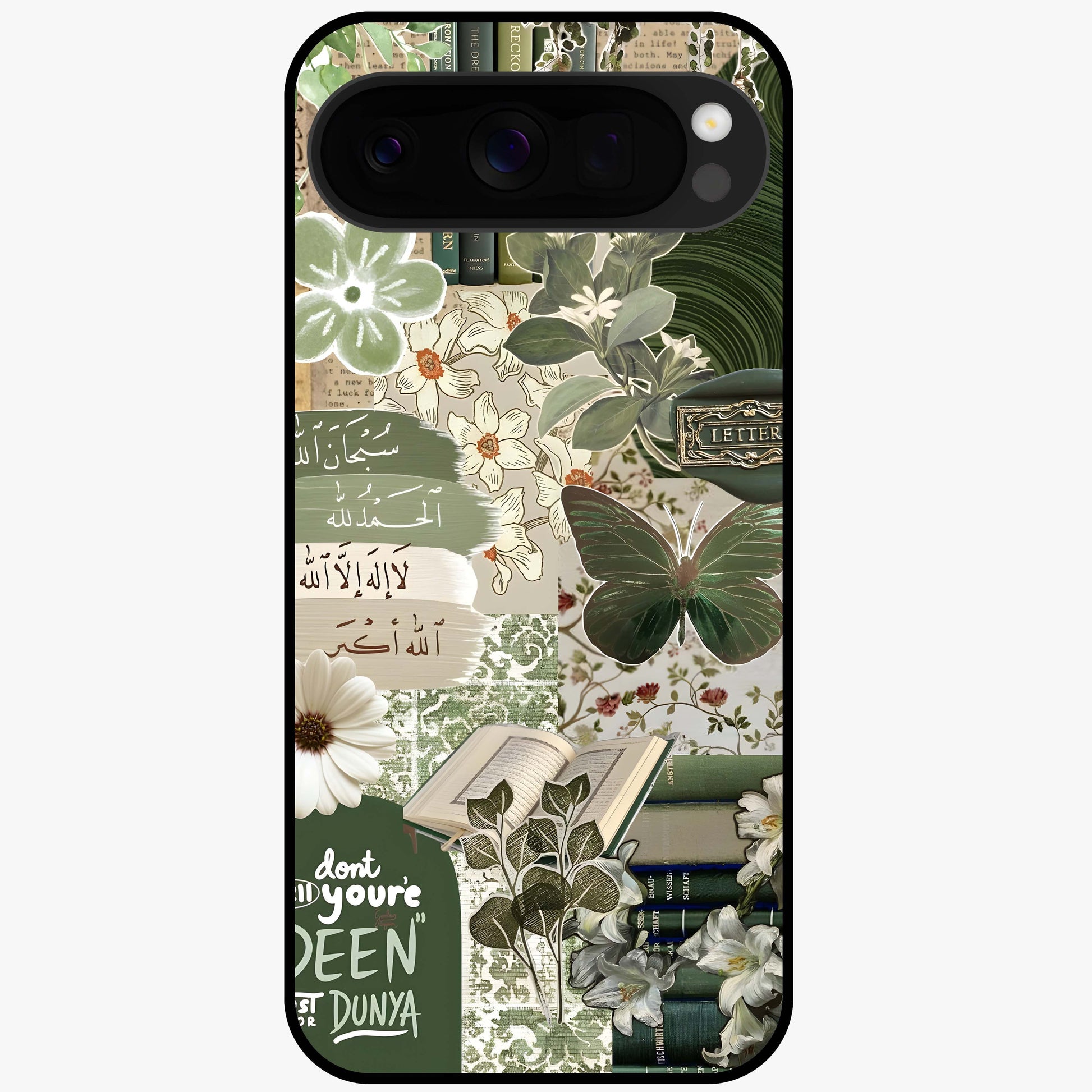 Green Islamic Books Quotes Glass Case showing flat back view with Islamic quotes and book themed artwork and glossy glass finish.