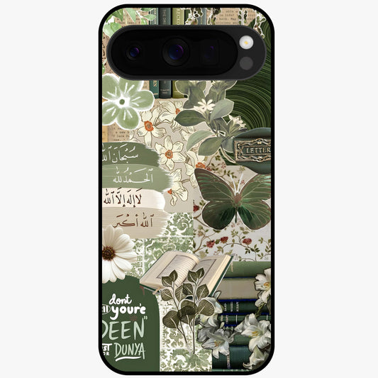 Green Islamic Books Quotes Glass Case showing flat back view with Islamic quotes and book themed artwork and glossy glass finish.