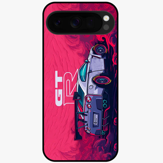 GT-R Car Pattern Glass Case showing flat back view with sporty car inspired pattern artwork and glossy glass finish.