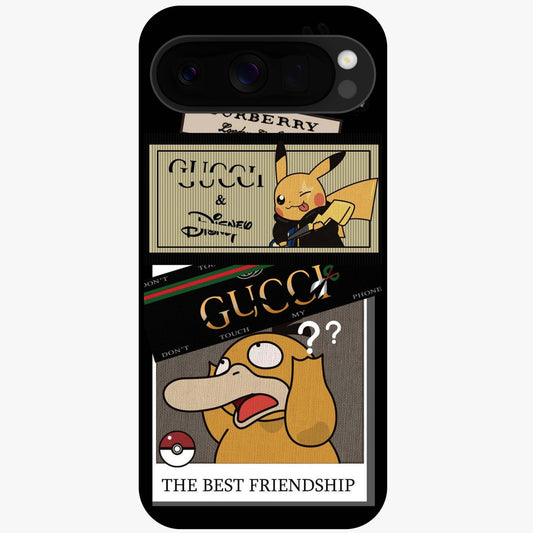 Gucci Play Mashup Glass Case showing flat back view with luxury inspired graphic artwork and glossy glass finish.