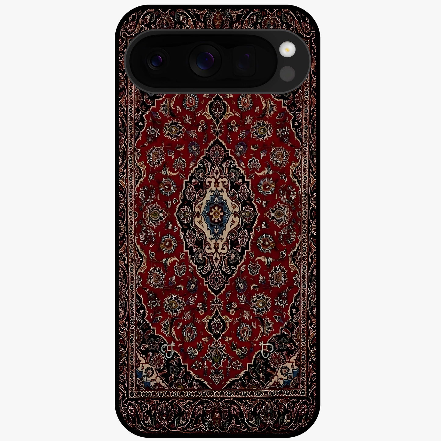Heritage Carpet Royale Glass Case showing flat back view with ornate Persian carpet inspired pattern and glossy glass finish.