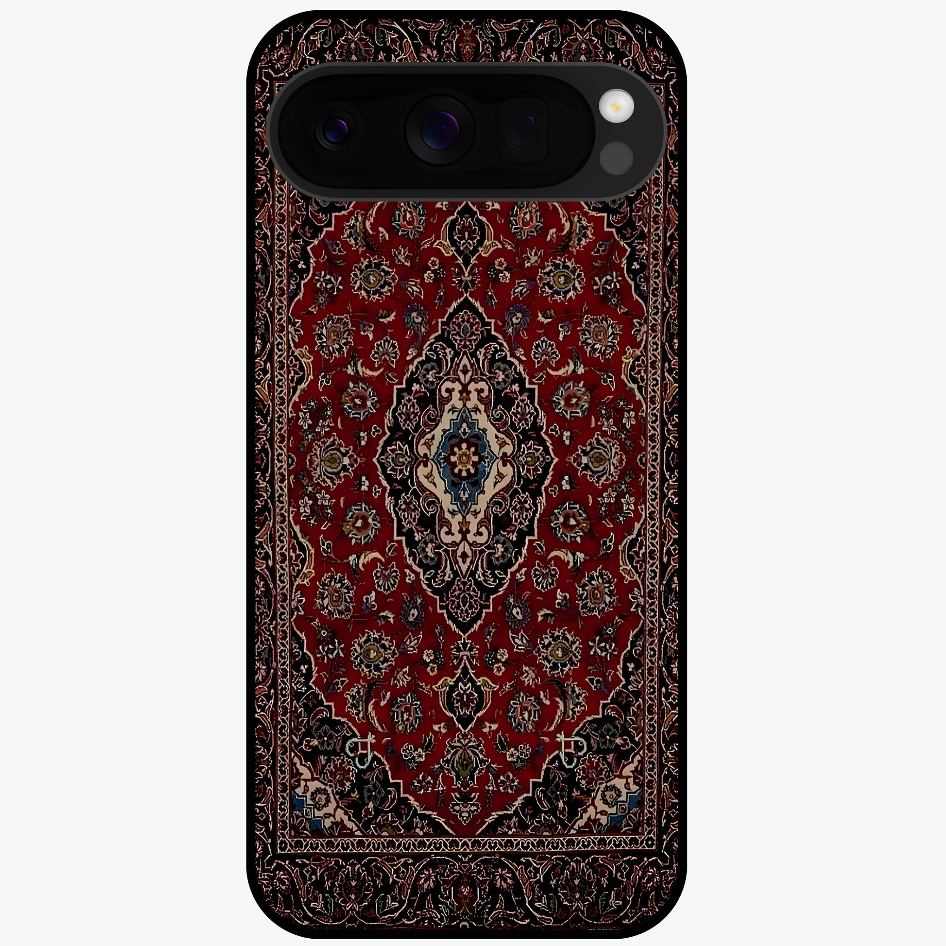 Heritage Carpet Royale Glass Case showing flat back view with ornate Persian carpet inspired pattern and glossy glass finish.