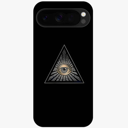 Illuminati Evil Glass Case showing flat back view with mysterious illuminati symbol artwork and glossy glass finish.