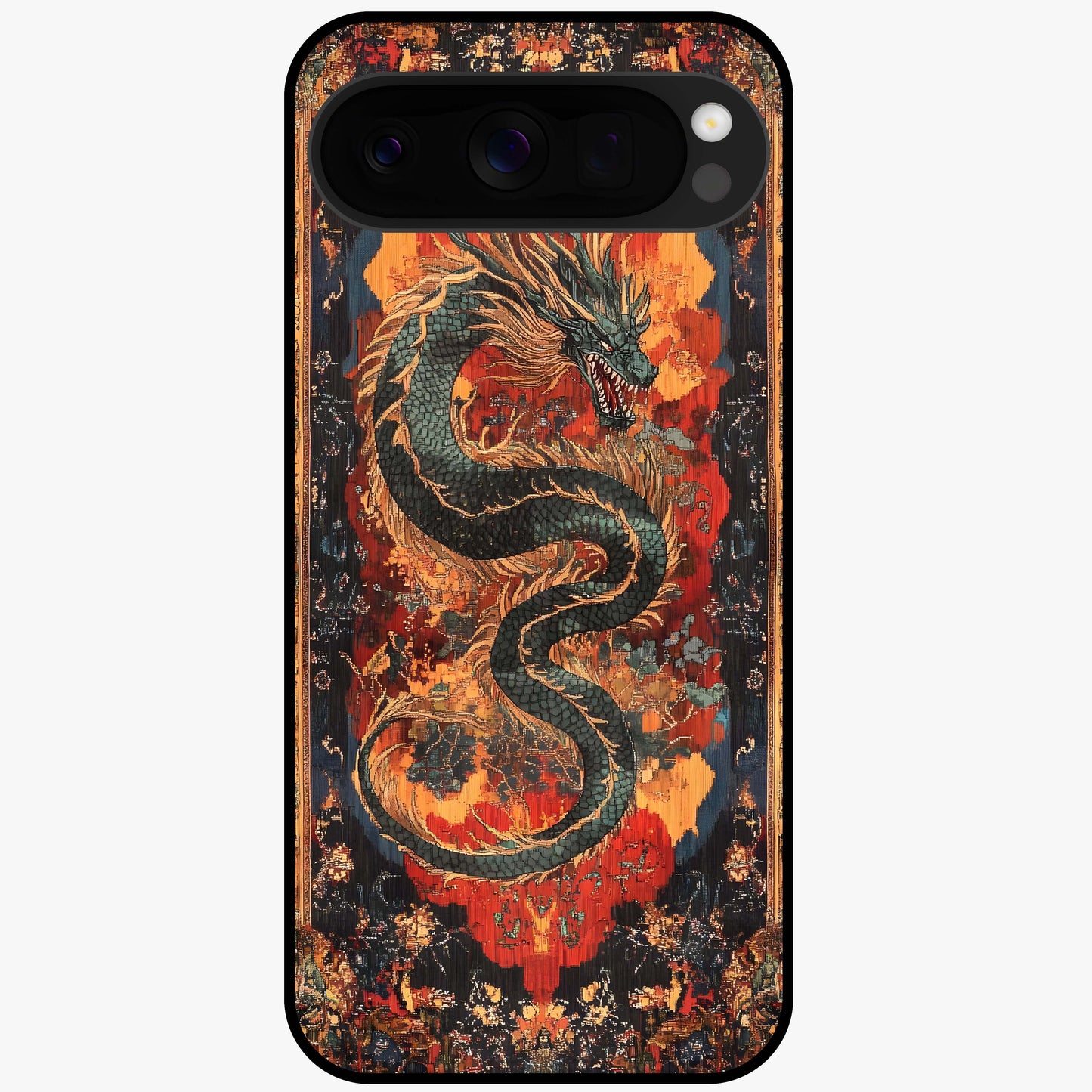 Inferno Dragon Soul Glass Case showing flat back view with fiery dragon artwork and glossy glass finish.