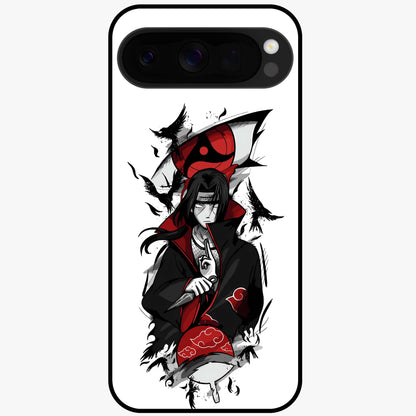 Itachi Sharingan Glass Case showing flat back view with powerful anime eye artwork and glossy glass finish.