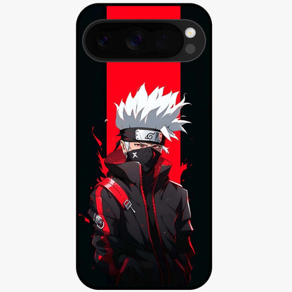 Kakashi Scarlet Shadow Glass Case showing flat back view with powerful anime ninja artwork and glossy glass finish.