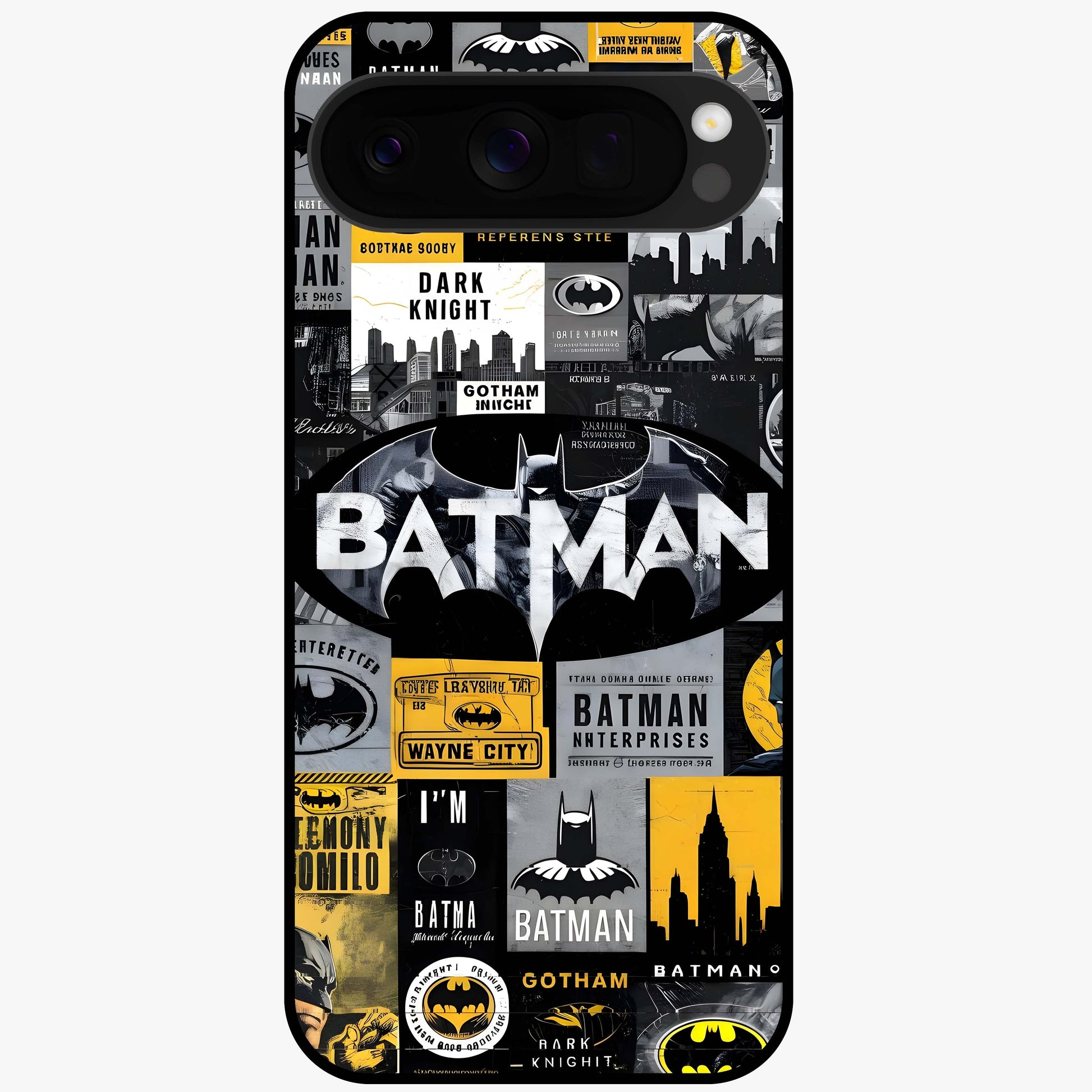 Knight Gotham Rise Glass Case showing flat back view with dark hero inspired artwork and glossy glass finish.