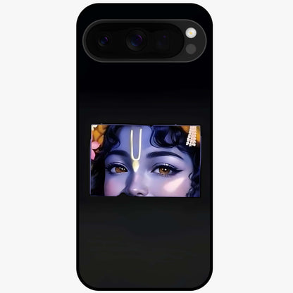 Krishna Divine Embrace Glass Case showing flat back view with Lord Krishna devotional artwork and glossy glass finish.