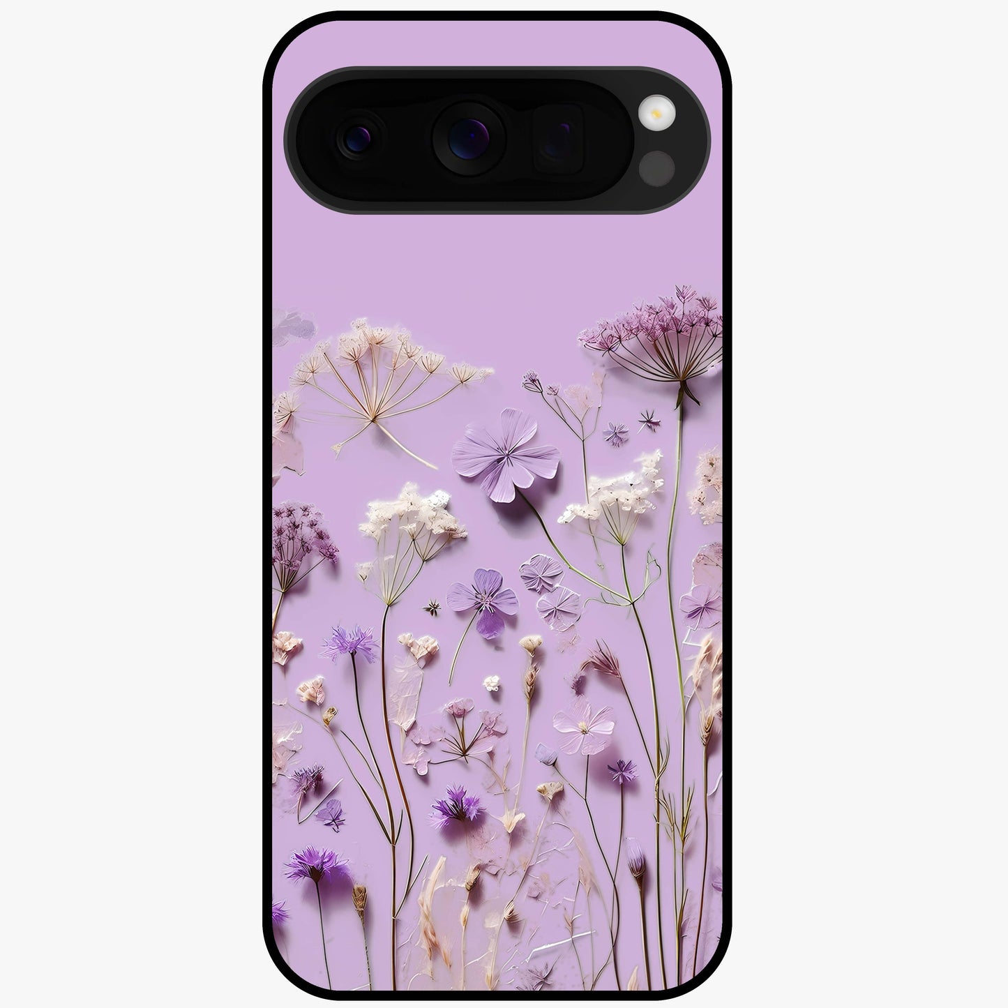 Lavender Blossom Dream Glass Case showing flat back view with soft lavender floral artwork and glossy glass finish.