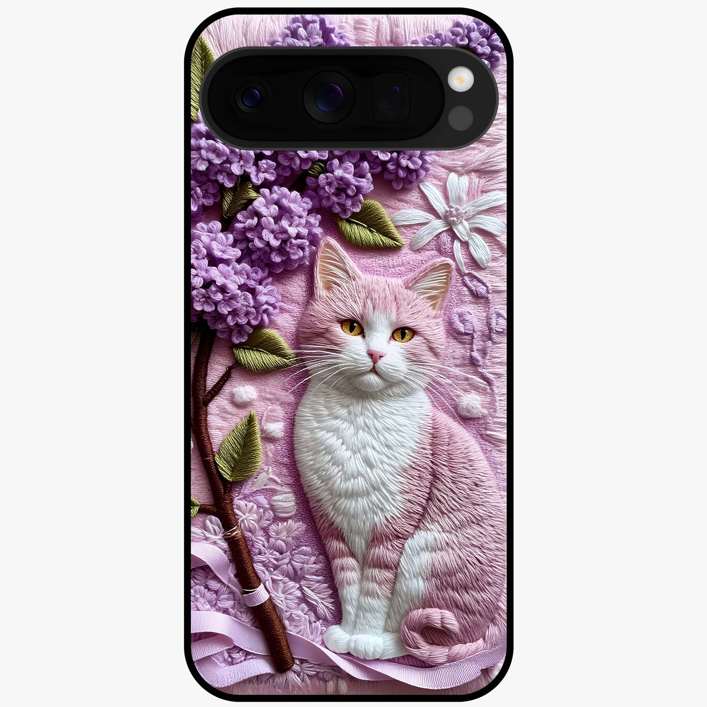 Lavender Cat Whimsy Glass Case showing flat back view with cute lavender cat artwork and glossy glass finish.