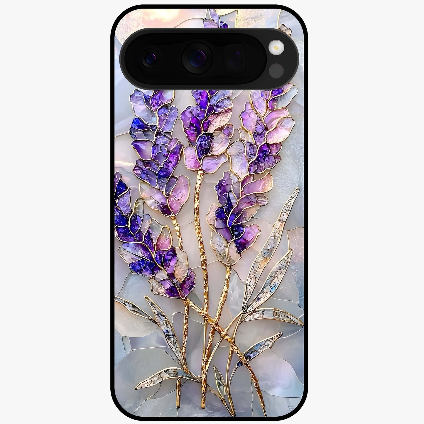 Lavender Dream Glow Glass Case showing flat back view with glowing lavender aesthetic artwork and glossy glass finish.