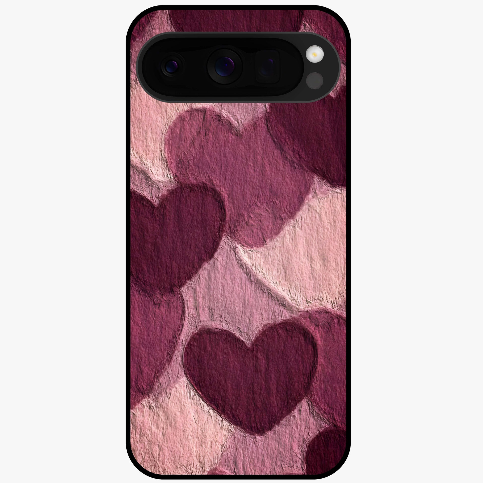 Layered Paper Hearts Glass Case showing flat back view with layered paper heart artwork and glossy glass finish.