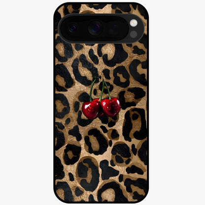 Leopard Wild Cherry Glass Case showing flat back view with leopard pattern and cherry artwork and glossy glass finish.