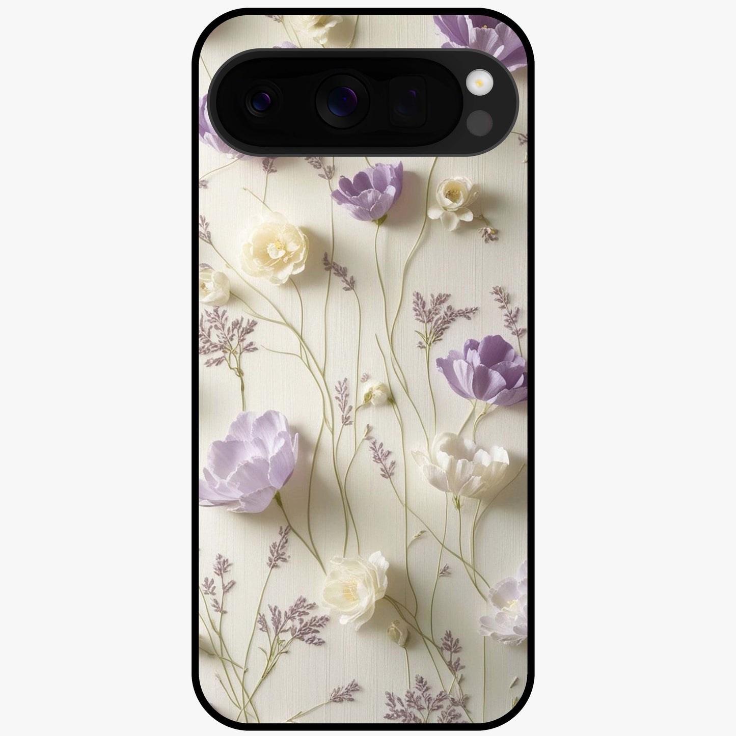 Lilac Breeze Harmony Glass Case showing flat back view with soft lilac themed artwork and glossy glass finish.