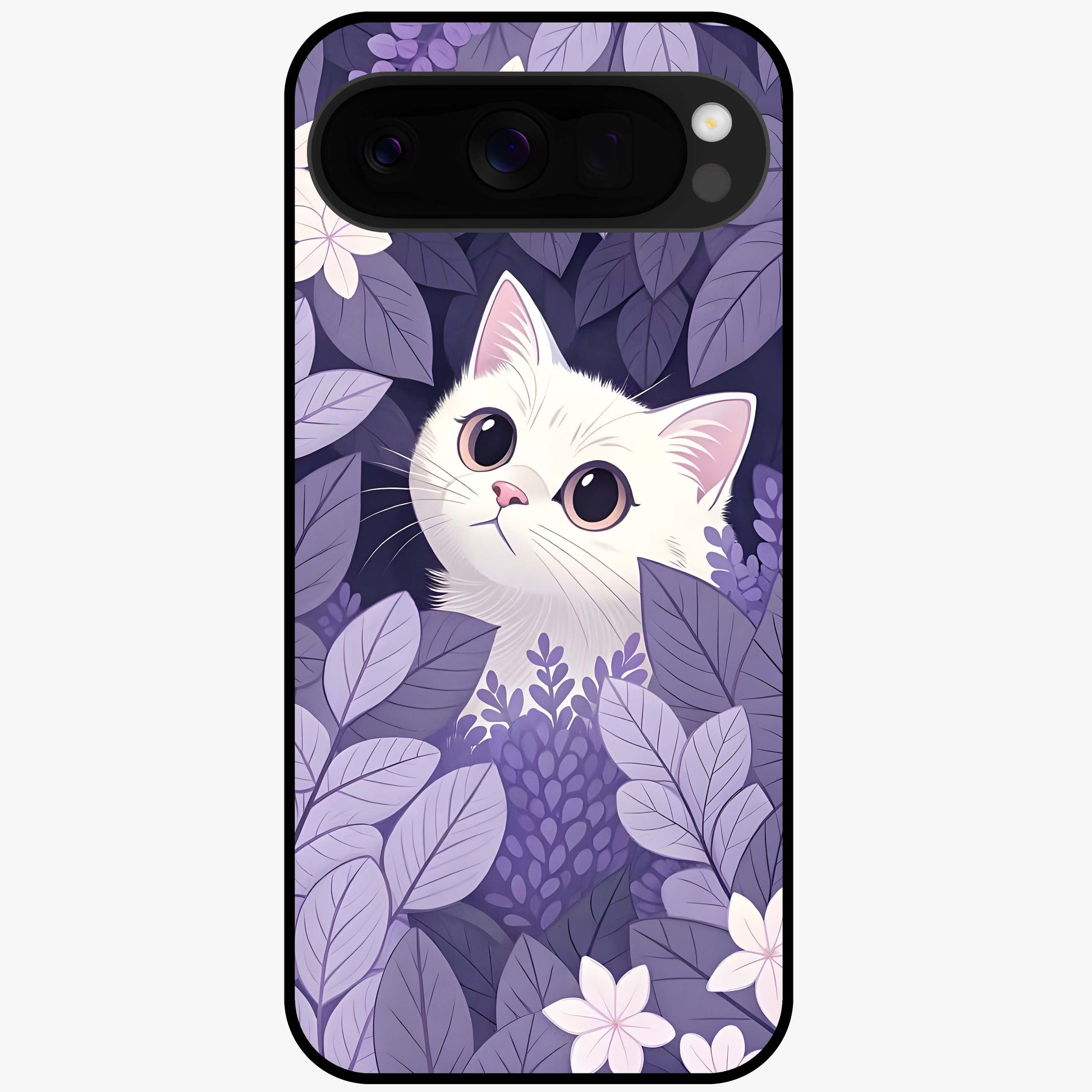Lilac Hide Peek Cat Glass Case showing flat back view with cute peeking cat artwork and glossy glass finish.