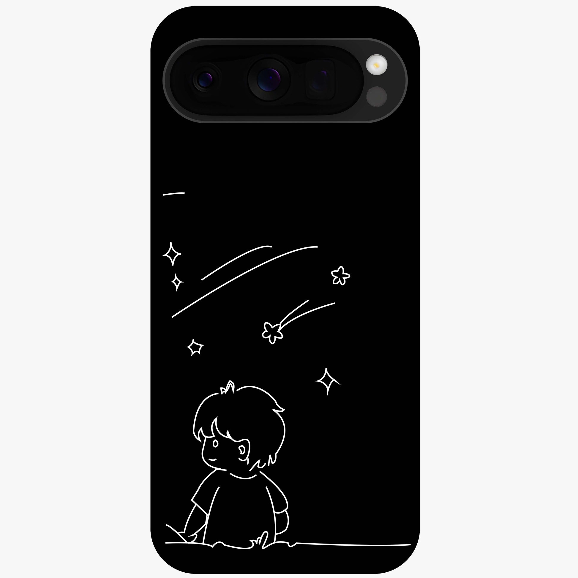Line Art Boy With Shooting Stars Glass Case showing flat back view with minimal line art boy and shooting stars illustration and glossy glass finish.