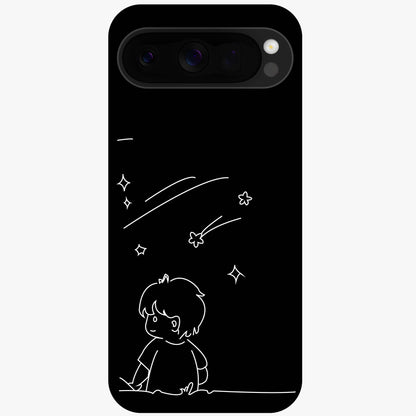 Line Art Boy With Shooting Stars Glass Case showing flat back view with minimal line art boy and shooting stars illustration and glossy glass finish.